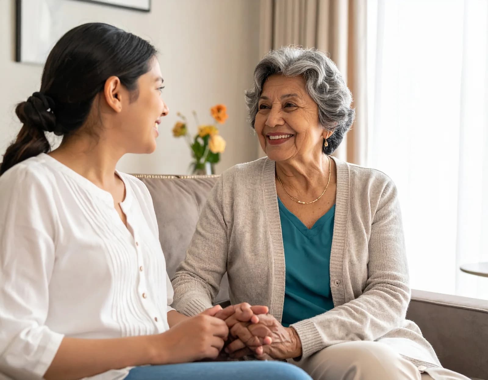 An older woman and her adult daughter talking together at home